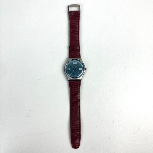 VTG Vintage 1991 SWATCH Gent PLAZA GX121 Unisex Watch Red Leather Band Blue Dial - Picture 2 of 8